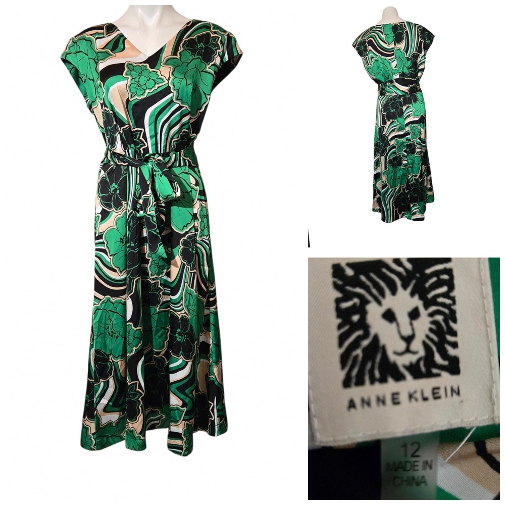 Anne Klein Green Floral Swirl Midi Dress V-Neck Belted Sleeveless Size 12
